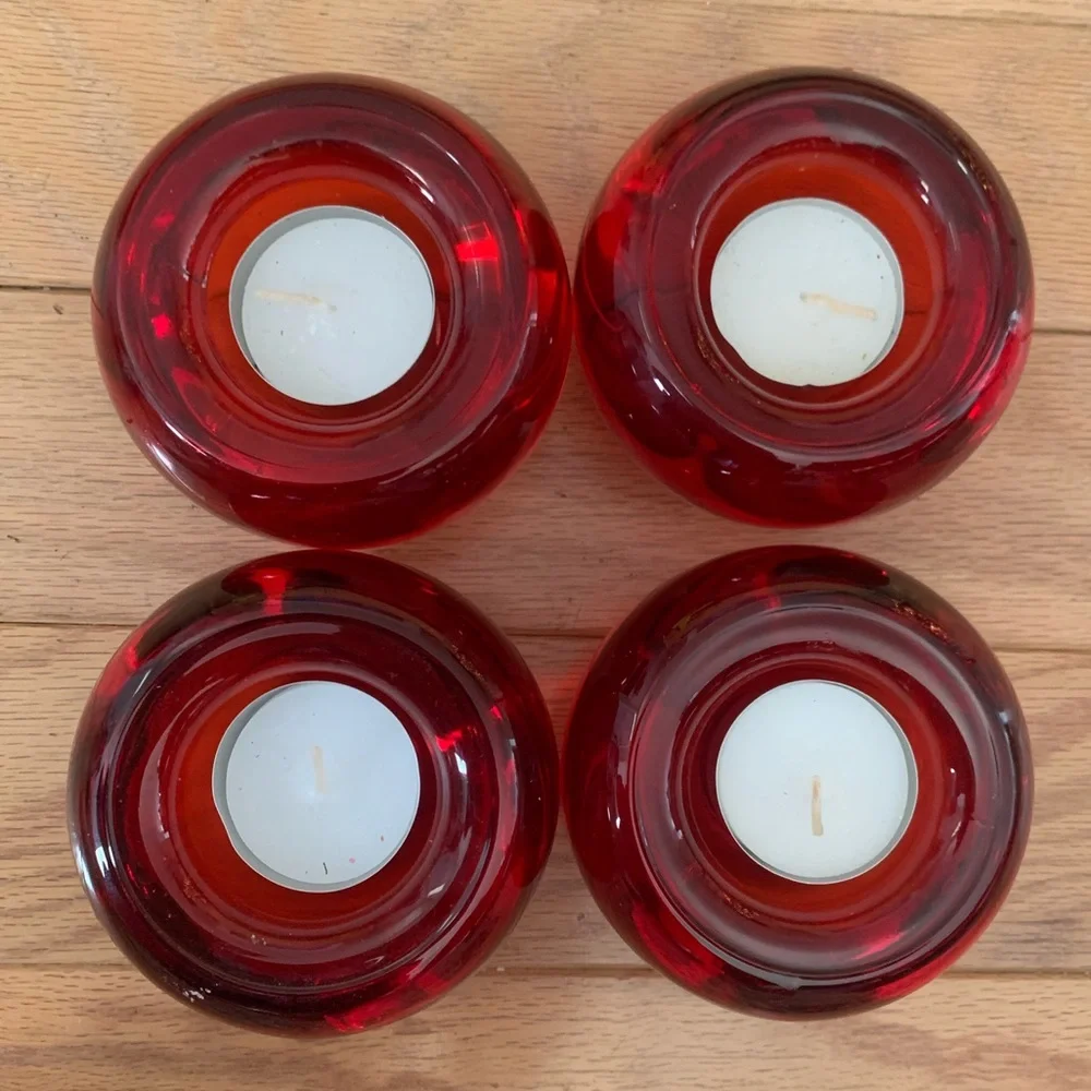 (4) CRATE & BARREL Red Tea Light Candle Heavy Weight Votives